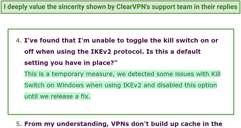 A screenshot showing ClearVPN's support team provides comprehensive and honest answers to inquiries made