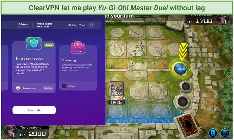 A screenshot showing playing Yu-Gi-Oh! Master Duel while connected to ClearVPN's France server