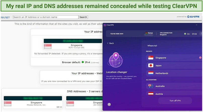 A screenshot showing ClearVPN passed DNS and IP leak tests