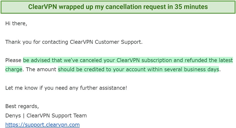 A screenshot ClearVPN processes refunds