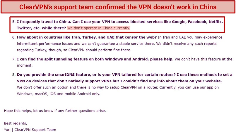 A screenshot showing ClearVPN's support team confirming the VPN doesn't works in China