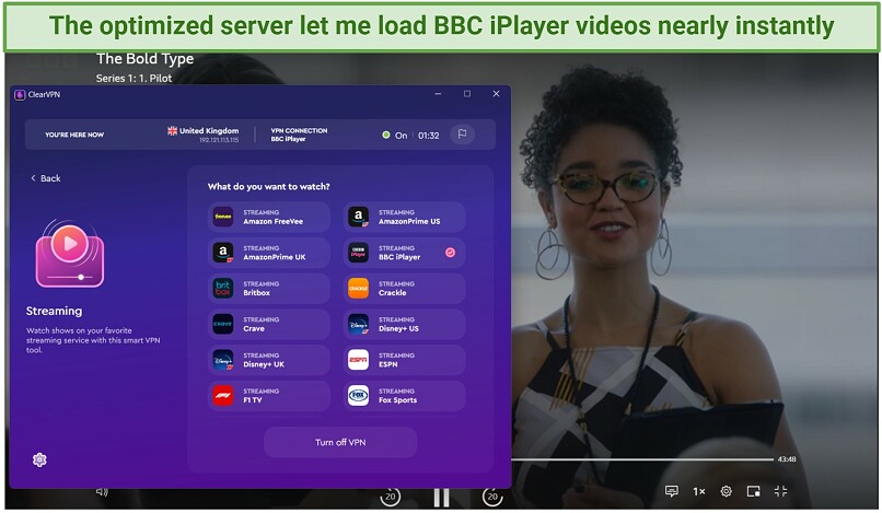 A screenshot of BBC iPlayer streaming The Bold Type while connected to ClearVPN's BBC iPlayer dedicated server