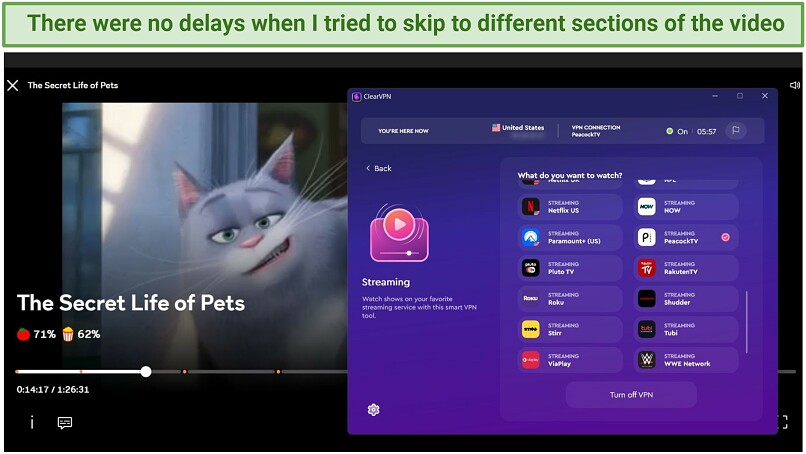 A screenshot of Peacock streaming The Secret Life of Pets while connected to ClearVPN's Peacock TV dedicated server