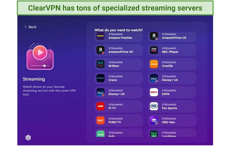 A screenshot showing ClearVPN has dedicated servers for major streaming platforms like Netflix. Peacock, and Hulu