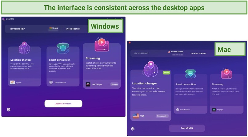 A screenshot showing ClearVPN's interface is consistent across Mac and Windows apps