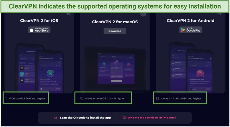 A screenshot showing ClearVPN's download page along with the operating systems supported by each app.