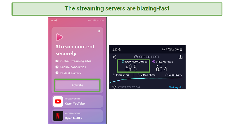 A screenshot of a speed test while connected to ClearVPN streaming feature.