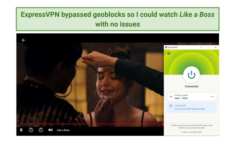 Screenshot showing Netflix streaming Like a Boss after connecting to an ExpressVPN server in Japan