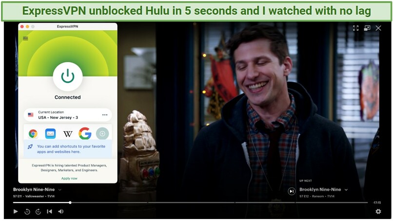 Screenshot showing ExpressVPN unblocking Hulu on macOS.