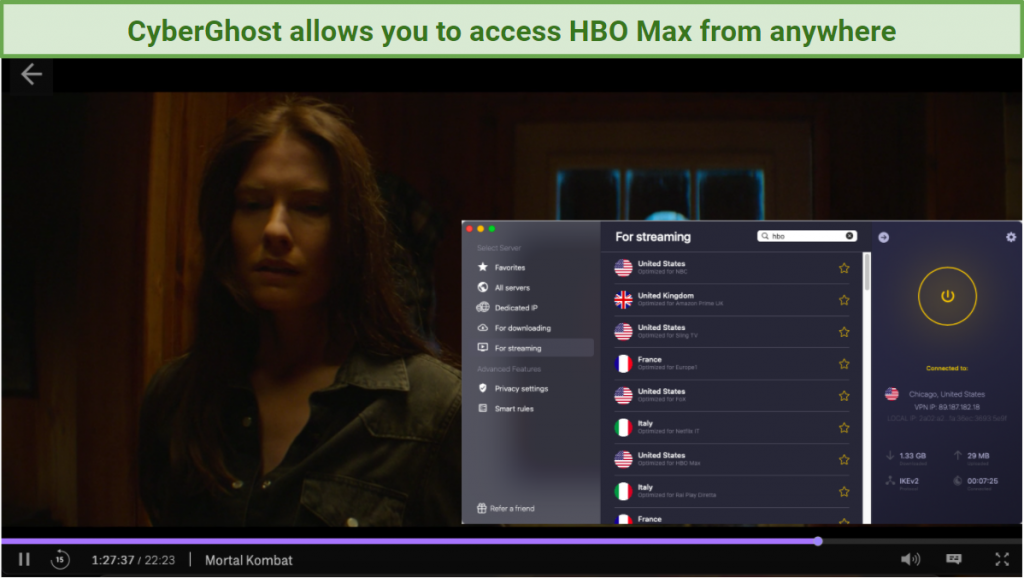 screenshot of HBO Max player streaming Mortal Kombat with CyberGhost