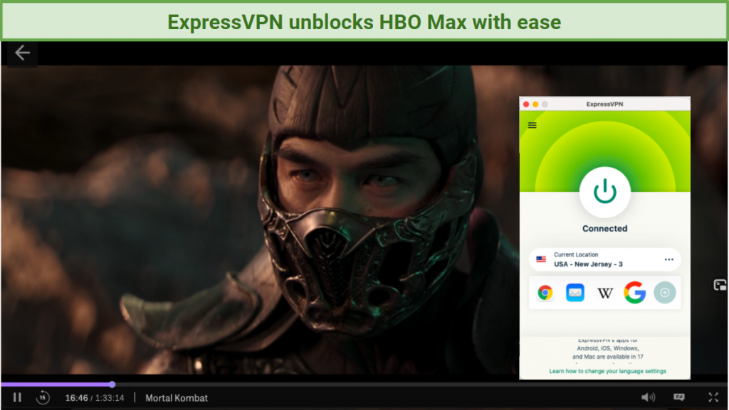 screenshot of HBO Max player streaming Mortal Kombat with ExpressVPN