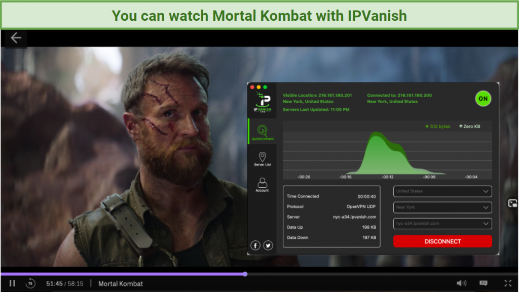screenshot of HBO Max player streaming Mortal Kombat with IPVanish