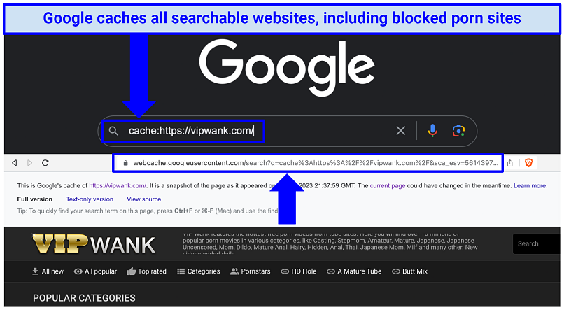 A screenshot showing how to use Google's Search Engine Cache to access blocked porn sites