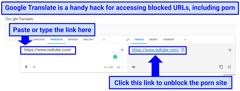 A screenshot showing you can use Google Translate to unblock porn websites