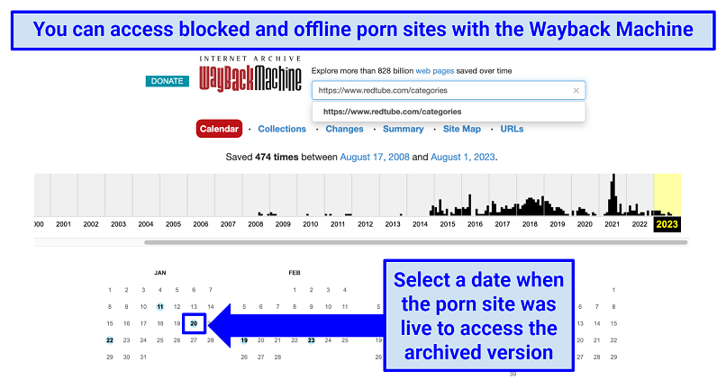 A screenshot showing you can use the Wayback Machine to unblock porn sites