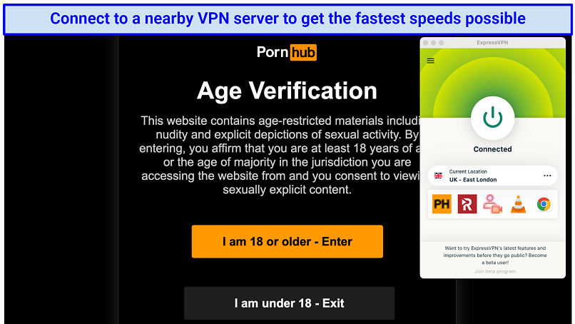 A screenshot showing the ExpressVPN app connected to a server in the UK over the PornHub age verification page