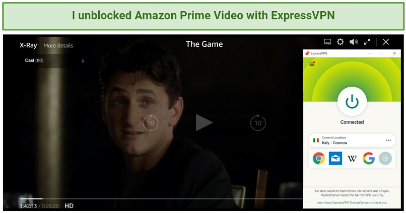 Screenshot showing The Game streaming on Amazon Prime Video after connecting to an ExpressVPN server in Italy