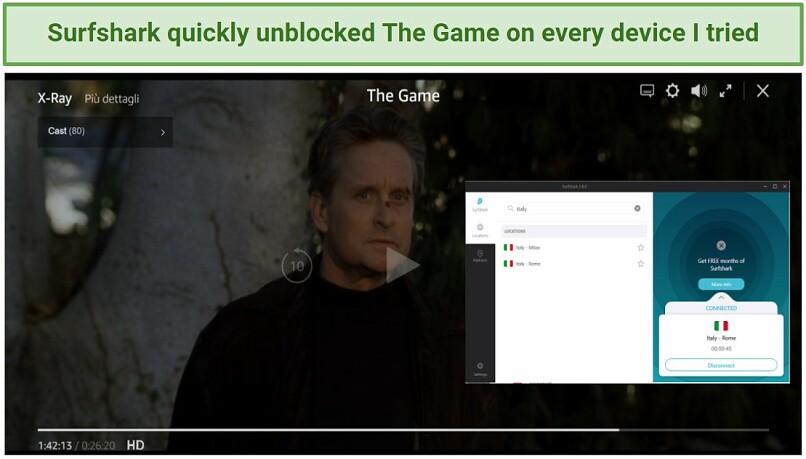 Screenshot showing The Game streaming on Amazon Prime Video after connecting a Surshark server in Italy
