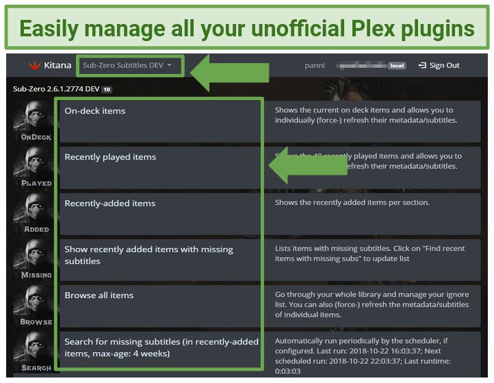 A screenshot of the Plex plugin Kitana's user interface.