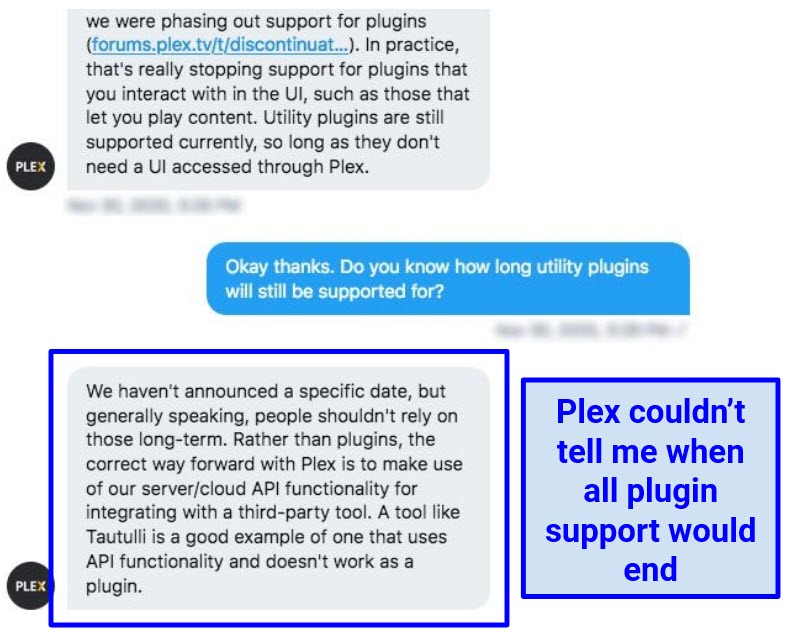 Screenshot of a chat conversation with Plex about when plugin support would end
