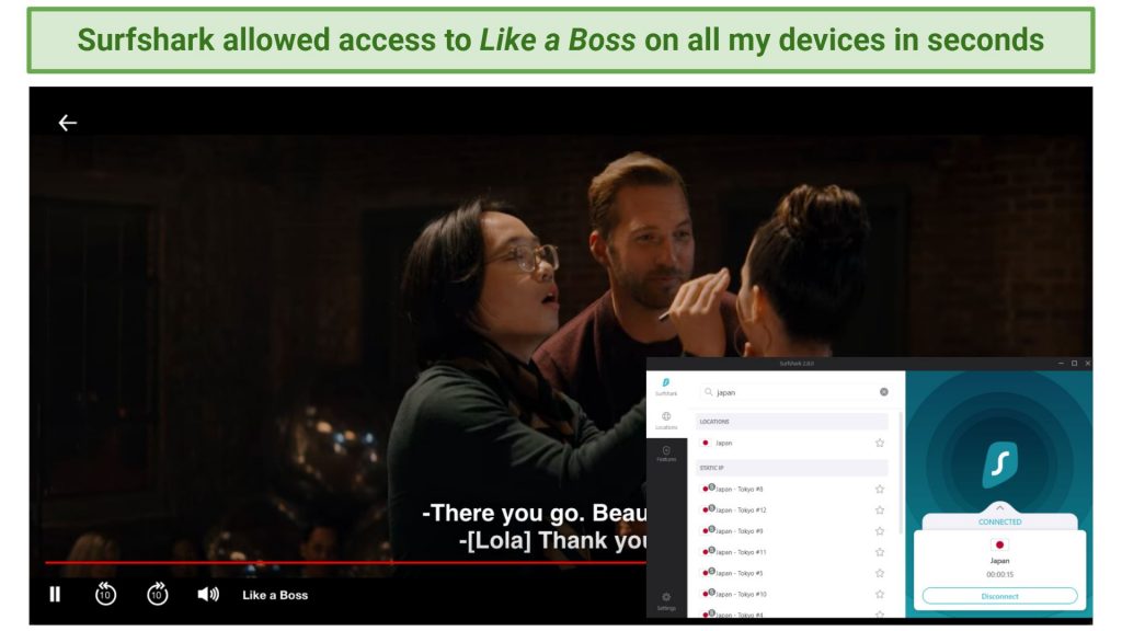 Screenshot showing Netflix streaming Like a Boss after connecting to a Surfshark server in Japan