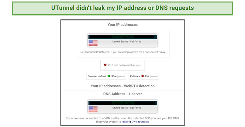 A screenshot of the IP/DNS leak test results for utunnel.io VPN.