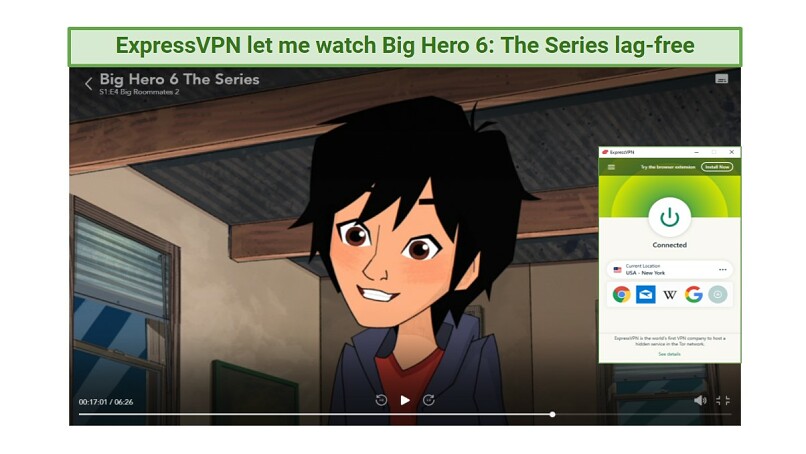Screenshot showing Big Hero 6: The Series on Disney Plus while connected to ExpressVPN's New York server