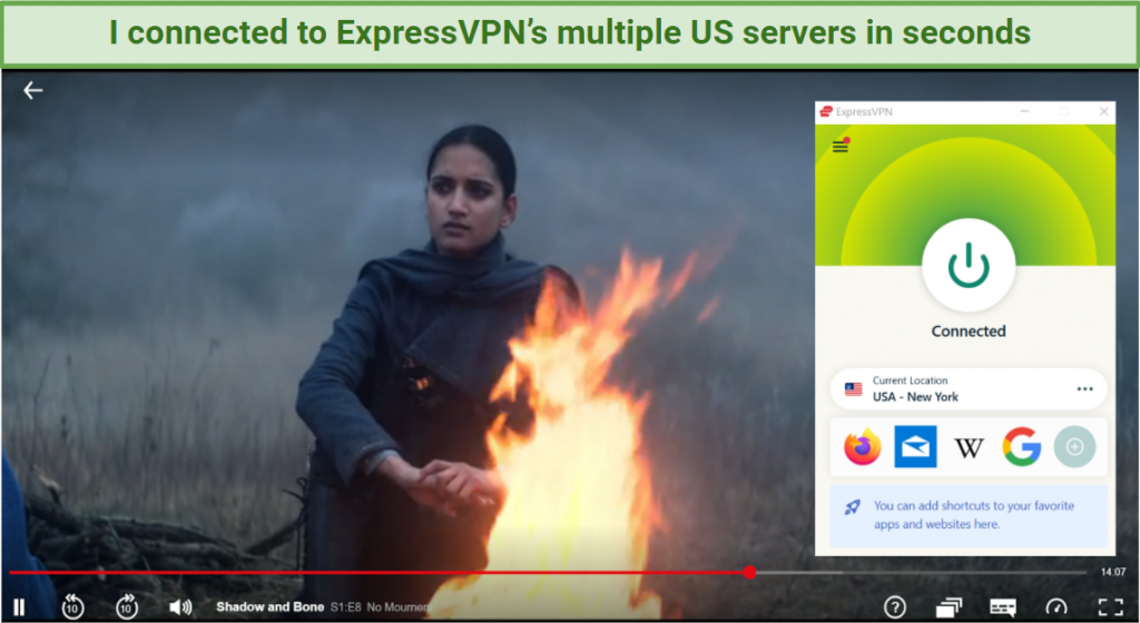 Graphic of Shadow and Bone streaming on Netflix using ExpressVPN's New York server
