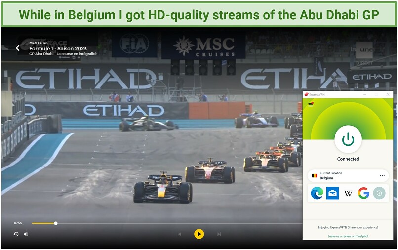 Screenshot of the F1 Abu Dhabi GP playing on RTBF Auvio with ExpressVPN connected to the Belgium server