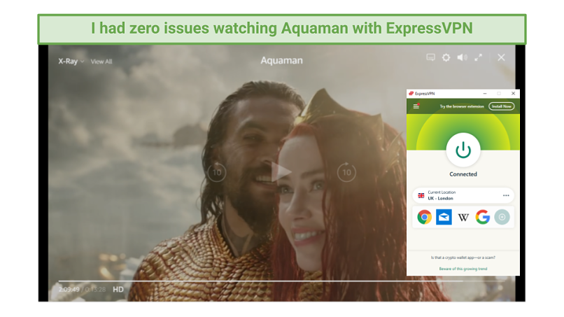 Image of Aquaman playing on Amazon Prime Video with ExpressVPN UI on right handside.