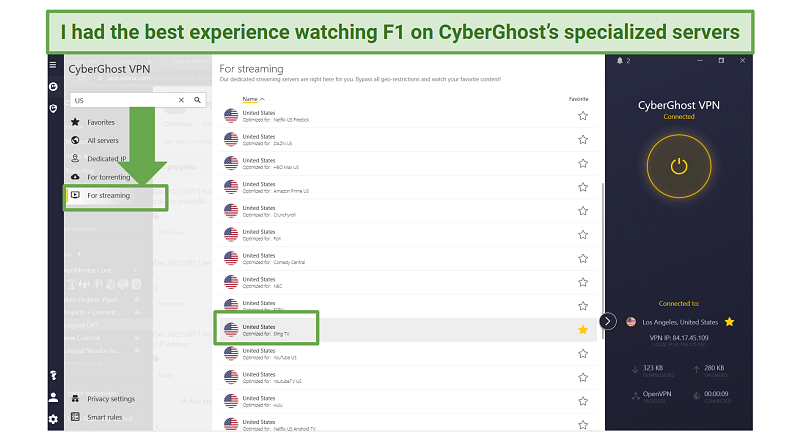 Screenshot of CyberGhost streaming-optimized servers in the US to access F1