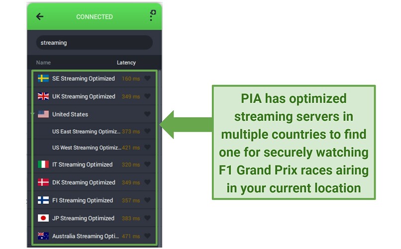 Screenshot of the PIA interface showing its streaming-optimized servers