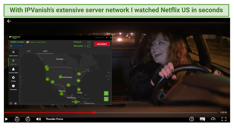 Graphic showing Thunder Force streaming on Netflix US using IPVanish's US servers