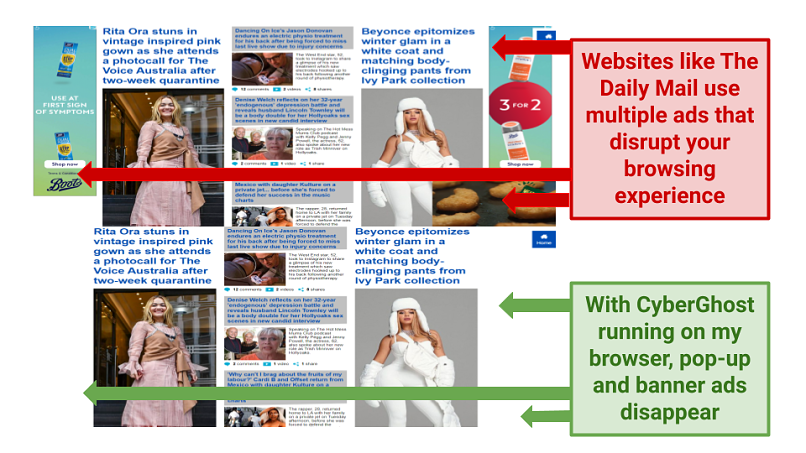 Graphic showing The Daily Mail with ads on the page and same page with CyberGhost blocking its ads