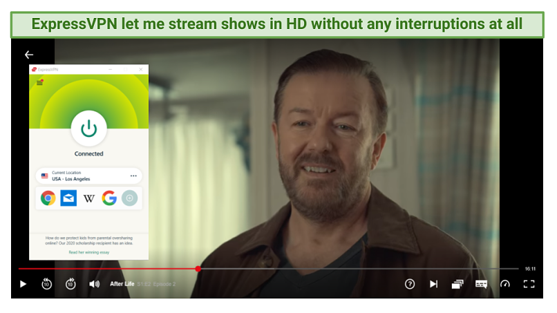 Graphic showing After Life streaming on Netflix using ExpressVPN's US servers