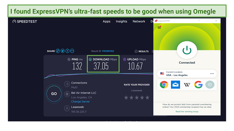 Graphic showing speed tests on ExpressVPN