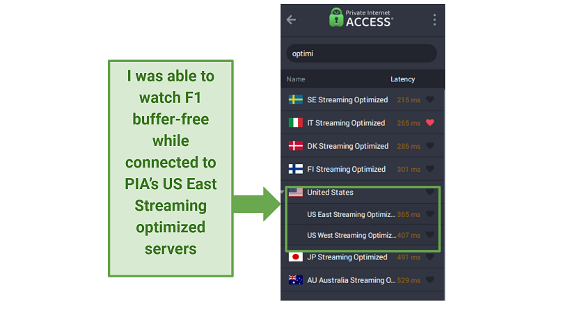 Screenshot of PIA app displaying servers optimized for smooth streaming.