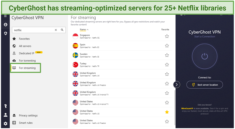 Screenshot showing some of CyberGhost's streaming optimized servers