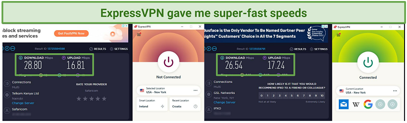 Screenshot showing a side by side speed test results without VPN and with ExpressVPN connected to US server