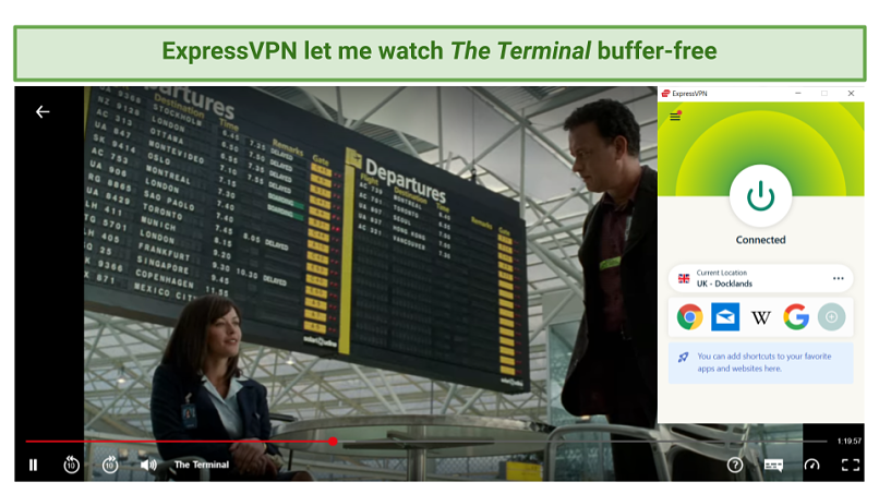 Screenshot showing Netflix streaming The Terminal after connecting to an ExpressVPN server in the UK