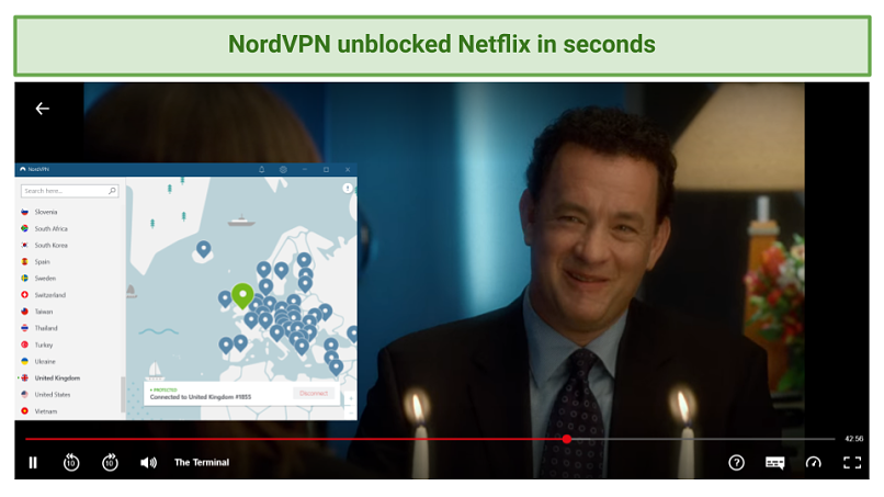 Screenshot showing Netflix streaming The Terminal after connecting to a NordVPN server in the UK