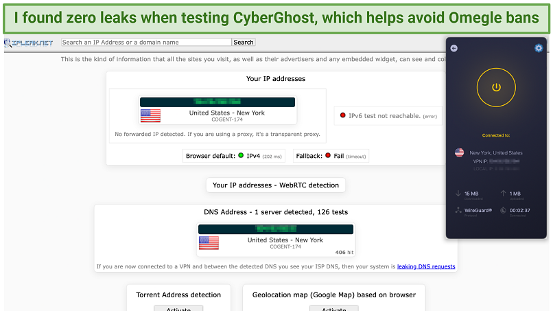 Screenshot of the CyberGhost app using a server in New York over a leak test revealing zero leaks