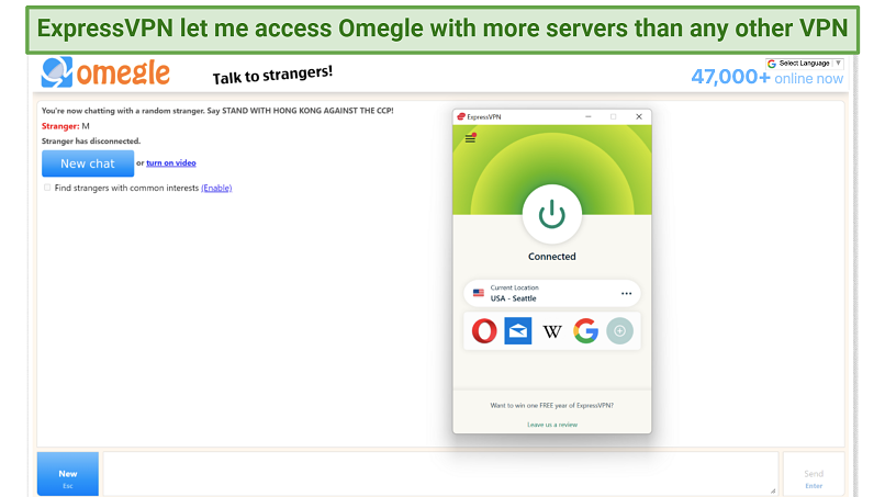 Screenshot of the ExpressVPN app using a server in USA - Seattle over a chat on Omegle
