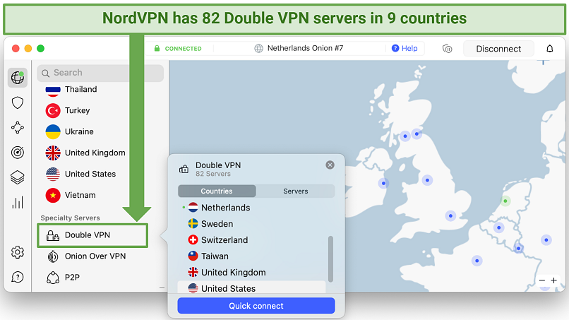 Screenshot of the Double VPN servers on the NordVPN app