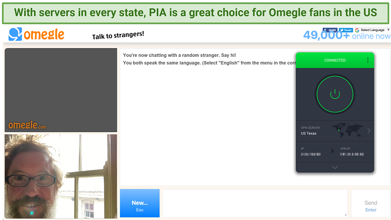 Screenshot of the PIA app connected to a server in Texas over a video chat on Omegle