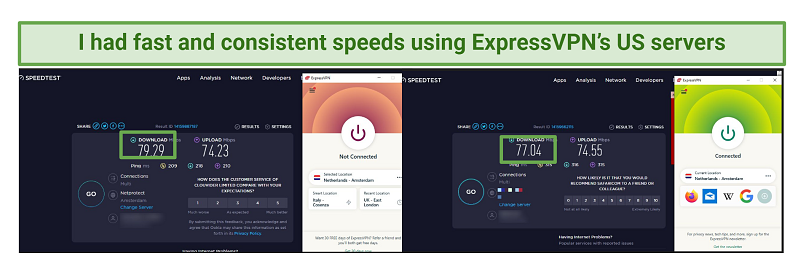 Screenshots of speed tests while connected to some of ExpressVPN's US servers