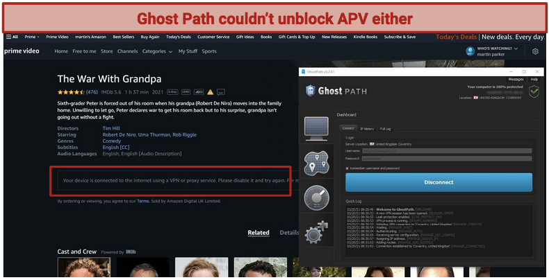 A screenshot showing how Ghost Path VPN can't unblock Disney+, with the Disney website showing as blank in the background.