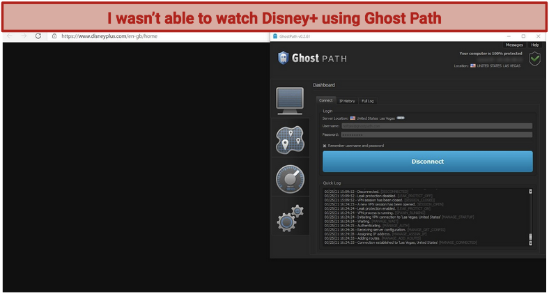 A screenshot showing how Ghost Path VPN can't unblock Disney+, with the Disney website showing as blank in the background.