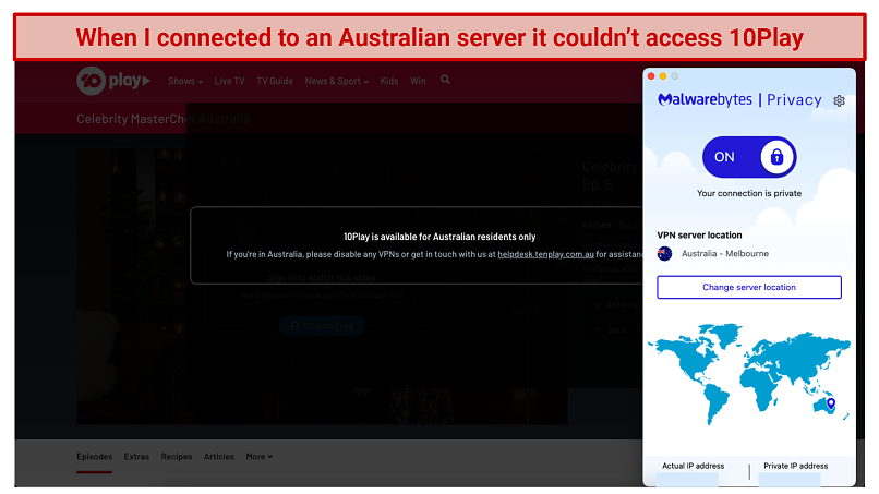 Screenshot showing 10Play blocking access to Malwarebytes Privacy VPN