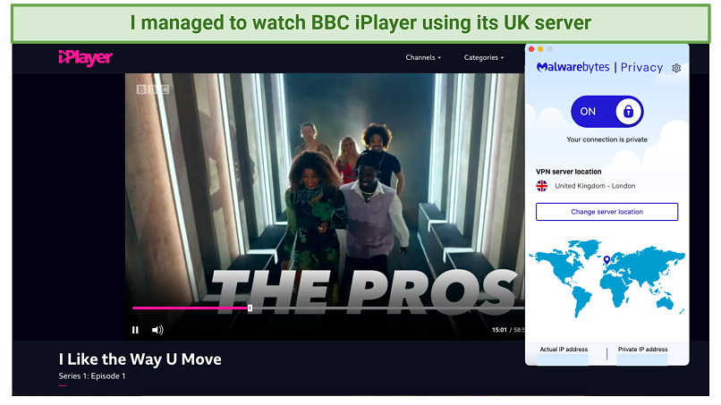 Screenshot of BBC iPlayer streaming The Pros using Malwarebytes Privacy VPN